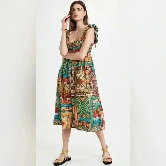 Farm Rio Banana Scarves Multicolor Midi Dress Size XS - Picture 1 of 16